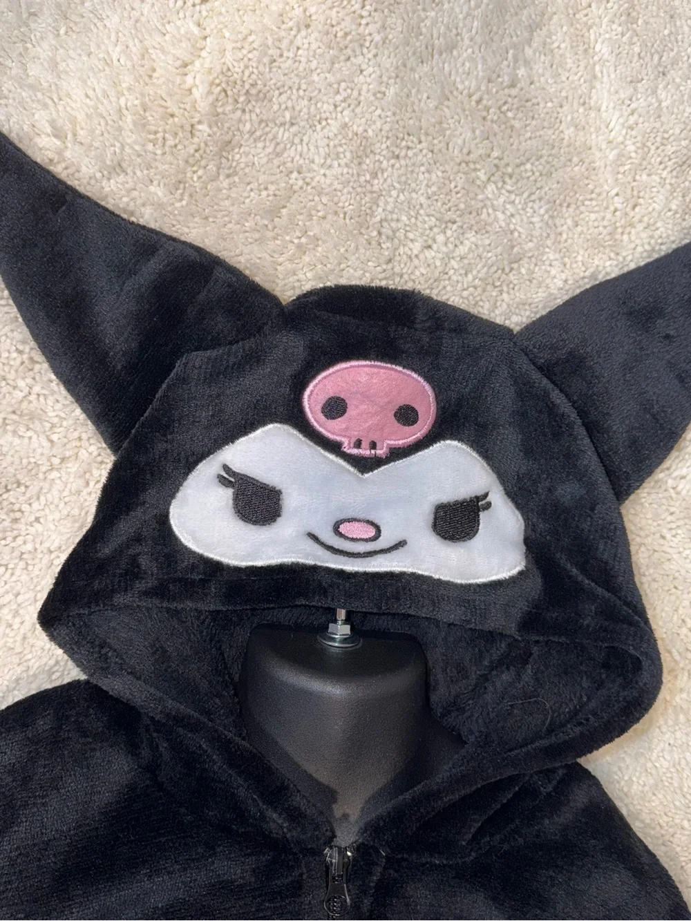 Kuromi Black Plush with Pink Skull Detail fleece one piece 7/8